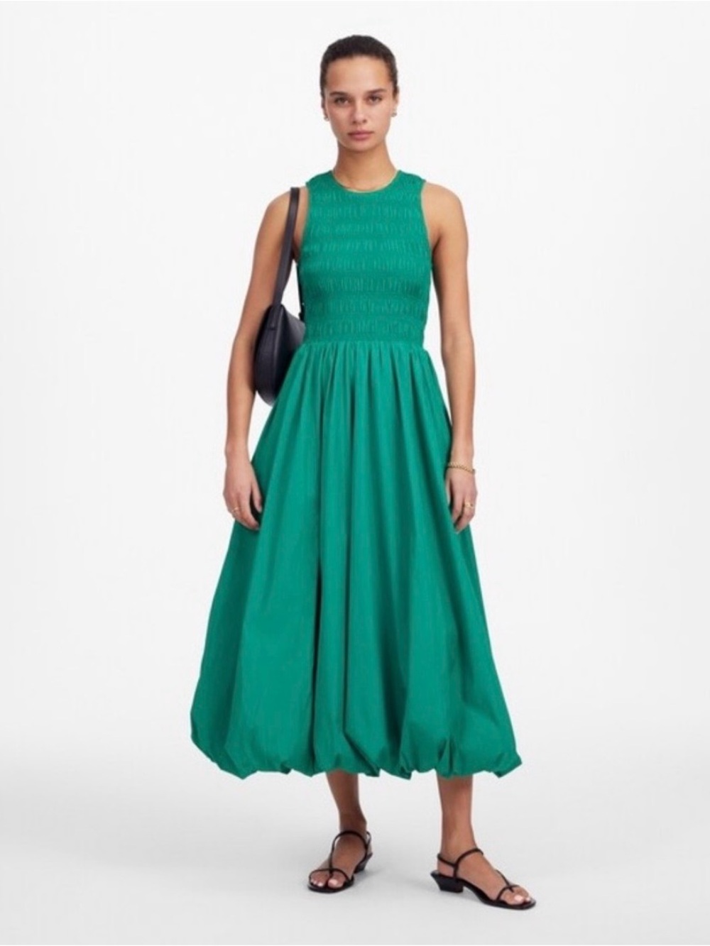 NWOT! Madewell
Melody Bubble-Hem Smocked Midi
Dress in Poplin Verdant Green